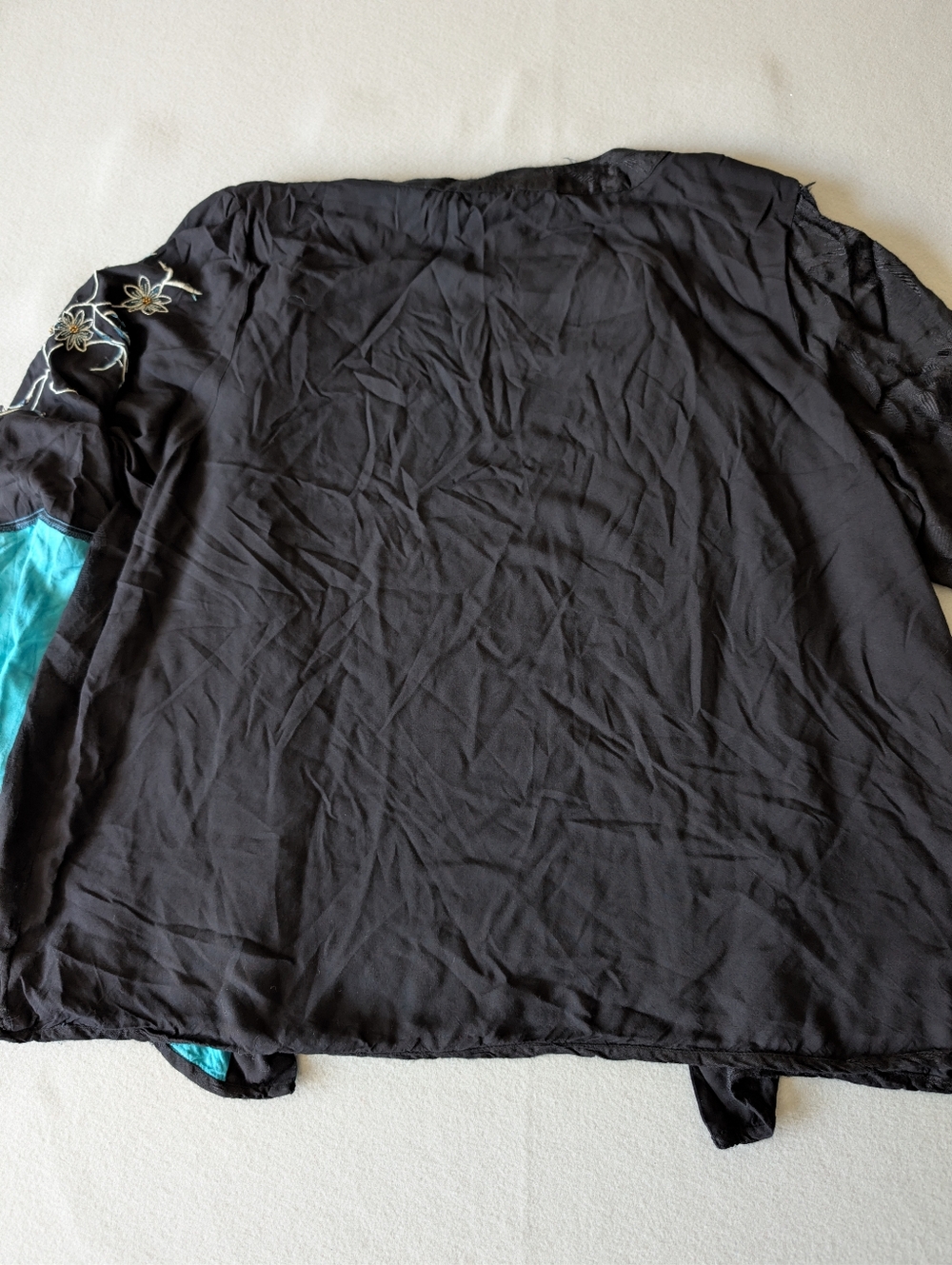 Vintage Beaded Patchwork Open Shirt Top 2X Black Teal Embroidered Artsy Boho image 7